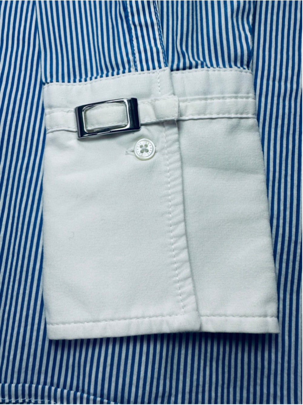 Express Design Studio Blue White Pinstripe Contrast Cuff Button Career Blouse - Picture 13 of 13